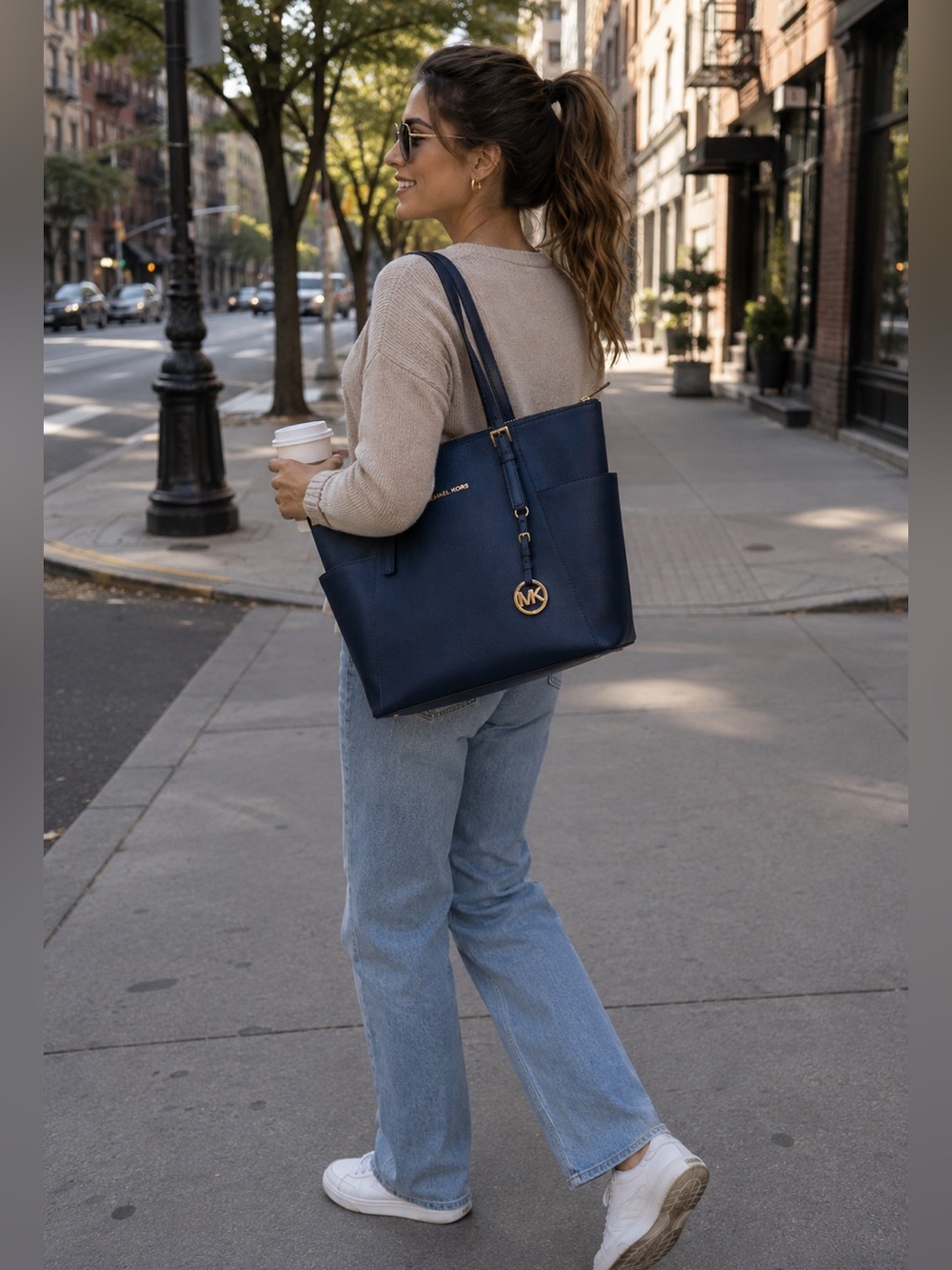 Michael Kors Navy Saffiano Leather Tote with Gold Hardware